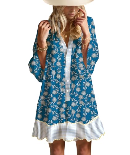 Image of Summer Dresses for Women 2026 Flowy Ruffle 3 /4 Sleeve V Neck Tiered Casual Babydoll Boho Beach Mini Dress