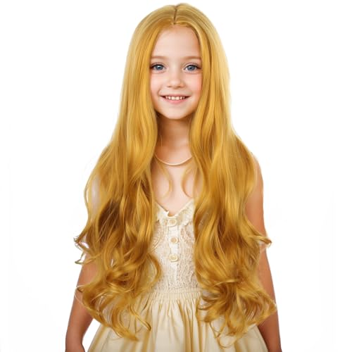 Image of PATTNIUM Gold Blond Wig for Kids Girls Long Wavy Curly Wig Yellow Wigs Synthetic Halloween Party Cosplay Wigs