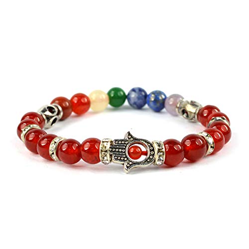Image of Reiki Crystal Products Certified Natural Crystal Stone 7 Chakra with Hamsa 8 mm Round Beads Bracelet for Men & Women | Reiki Charged Gemstone Bracelet | Multiple Stone Variants Available