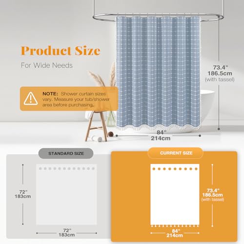 Image of BTTN Blue Boho Farmhouse Linen Thick Water Repellent Shower Curtain, 84x72 | Wide Size, Heavy Duty Fabric, 14 Plastic Hooks, Three-sided Tassels, Bohemian French Country, Machine Washable, Wrinkle Free