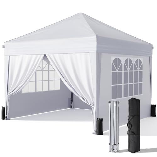 Driftalia 10x10 Pop Up Canopy with Sidewalls, Outdoor Instant Canopy Tent with Carry Bag for Commercial Events, Camping, Backyard Parties - White