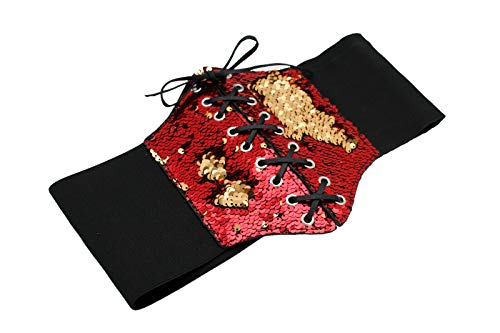 Women Wide Elastic Strap Corset Belt Bling High Waist Red Gold Sequins Fit Size S M