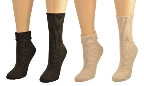 Sierra Socks Women Hi-Bulk Outdoor Wool Blended 2 Pair-Pack Crew Triple Cuff Winter Thermal Socks 2271 (Brown/Beige)
