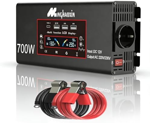 700W Spannungswandler 12v auf 230v Reiner Sinus Wechselrichter Power Inverter LCD Anzeige + EU Steckdosen und 3 USB Autoladegerät Für Auto KFZ Wohnwagen LKW