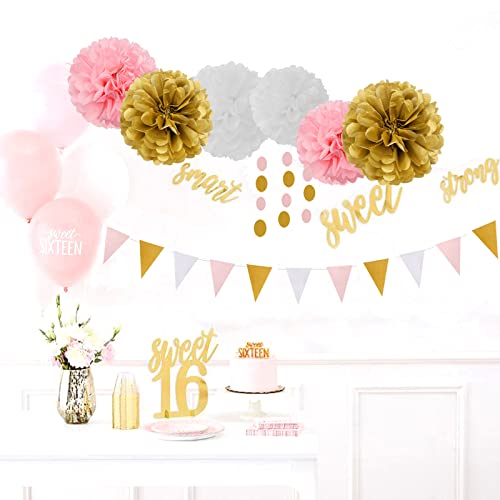 Image of Pink-White Gold Girl Birthday Party-Decorations - 23pcs Kits Tissue Paper Pom Poms Streamers,Princess Banner Flags,Bachelorette Baby Bridal Shower Engagement Decoration Tassel Garland Lasting Surprise
