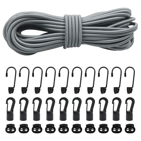 15 m Secure Elastic Rope, 6 mm Elastic Ropes And Fixings, 10 Elastic Hooks, 10 Plastic Hooks For Elastic Rope, 10 Plastic Elastic Fasteners Tarps, Luggage Rack (6mm, Grey) Cover