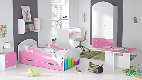 BDW Kinderbett Jugendbett 140 160 180 mit Einer Schublade mit Matratze mit Motiv (160x80cm ROSA)