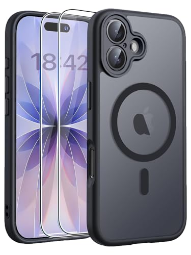 Handyhülle für iPhone 17 Hülle Kompatibel mit MagSafe mit 2 Stück 9H Panzer Schutz Glas, Vollständiger Kameraschutz, Eingebauter Magnetring, Matt Transluzent Schutzhülle für iPhone 17, Schwarz 1
