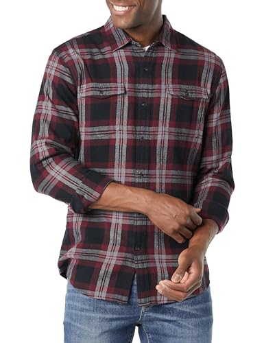 Amazon Essentials Men's Slim-Fit Flannel Long-Sleeve Shirt, Two-Pocket, Plaid, Black Burgundy Plaid, Large