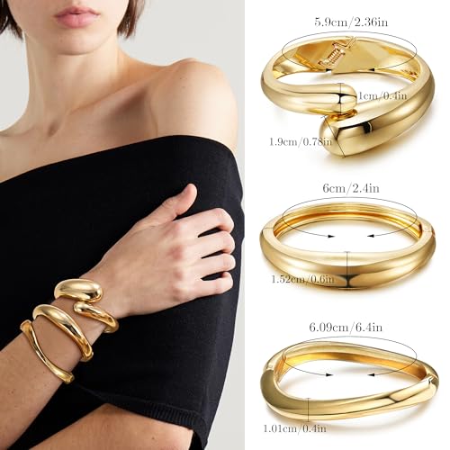 Golden Chunky Cuff Bracelet for Women Hinged Design Bangle Open Cuffs Trendy Statement Women's Thick Golden Bracelet Set4