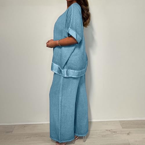 Plus Size 2 Piece Outfits for Women Short Sleeve V Neck Tunic Shirt and Straight Leg Pants Suits with Pockets 7