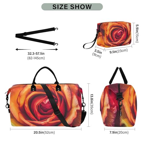 Duffel Bag Set for Travel Gym Sport, Weekender Bag Carry on Overnight Bags for Women Men-Red Close Rose Print3