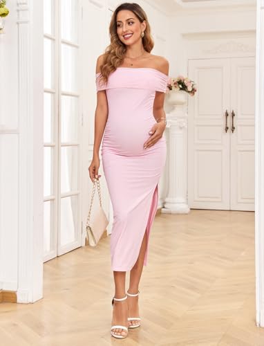 Image of AISWI Maternity Mesh Split Dress Off The Shoulder Ruched Bodycon Pregnancy Dresses Baby Shower Photoshoot, Without Belt, Light Pink, XX-Large