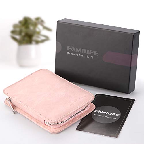 FAMILIFE Manicure Set, 8 in 1 Professional L13 Manicure Kit Nail Clipper Set Stainless Steel Pedicure Tools Kit Portable Grooming Kit with Pink Leather Travel Case for Women Girl