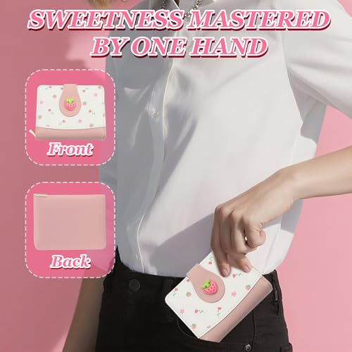 Cute Wallets for Women, Bifold Credit Card Holder, Small Leather Wallet with Coin Pouch, Pink Coin Purse with Strawberry, Ideal Gift for Adult, Women, Ladies (Strawberry)3