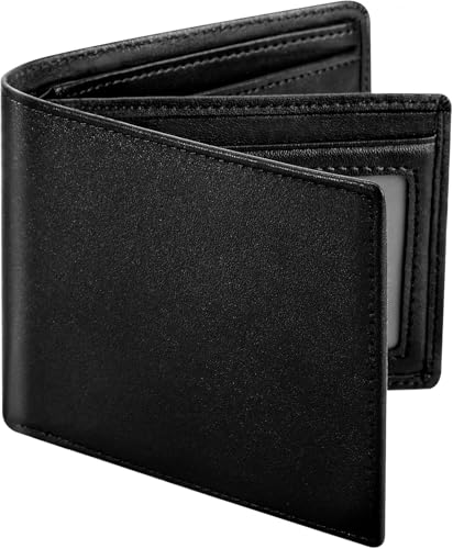Genuine Leather Wallet for Men, RFID Blocking Slim Bifold with ID Window, Coin Slot, and Large Capacity (Black)
