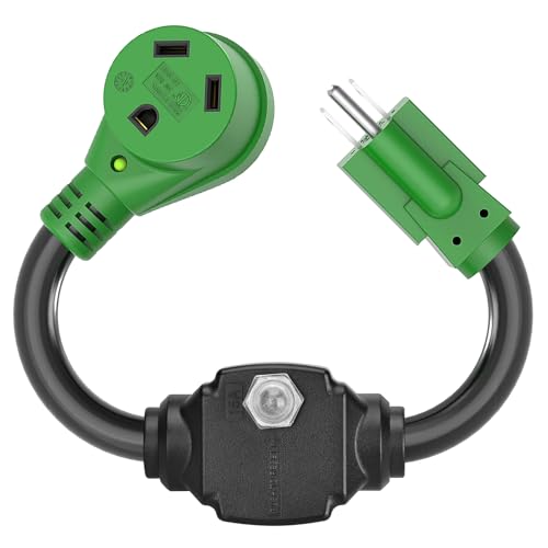 RVGUARD Overload Protector 30 Amp to 110 Volt RV Adapter Cord with Circuit Breaker, NEMA 5-15P to NEMA TT-30R Electrical Power Adapter with LED Power Indicator, 18 Inch, Green, ETL Listed