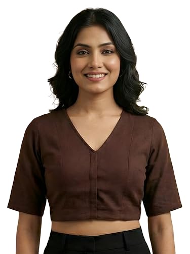 Image of Yash Gallery Women's Stretchable Rayon Lycra V-Neck Short Sleeve Front Open with Hook Stylish Crop Blouse Top for Ethnic Beige Designer Festive Choli Blouse