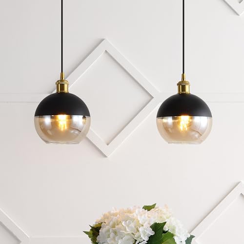Image of JONATHAN Y Nixon 1-Light 7.5 inch Globe Pendant, Brass Gold /Black, Set of 2 | Mid-Century Modern, Adjustable, Champagne Smoked Glass Shade, LED Bulbs Included, Metal /Glass Kitchen Island Ceiling Fixture
