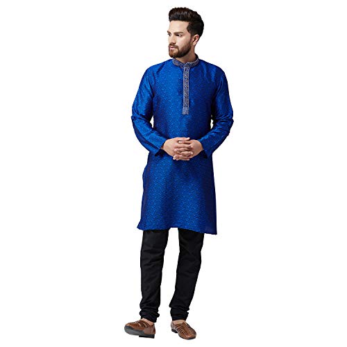 Image of SOJANYA (Since 1958 Mens Maroon Jacquard Silk Kurta and Black Churidaar Pyjama Set