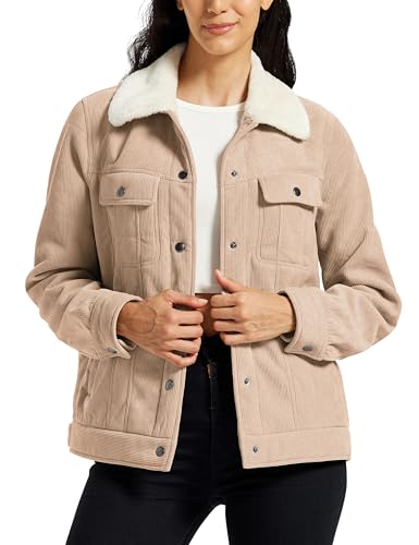 MoFiz Women's Fleece Jacket Warm Sherpa Lined Winter Coat Fashion Button Down Casual Corduroy Jacket with Multi-Pockets Khaki Size US M
