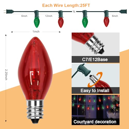 Image of GOOTHY C7 LED Red and Green Christmas Lights 25Ft LED Outdoor String Lights with 27 Clear Red & Green Bulbs, Vintage Christmas Lights for Tree Carnival Patio Wedding Holiday Pathway Roofline Decor