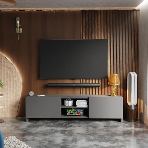 Image of Ansicraft Modern Living Room TV Stand with Open Display Compartment, Dual Side Storage Units, and Clean Contemporary Design for Home Decor | Assembly-DIY | Color-Grey