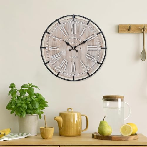 Image of EMAX HOME 12 Inch Farmhouse Wall Clock Rustic Antique Wood with Metal Circle and Large Engraved Numerals, Silent Battery Operated Wall Clock for Office Kitchen Bedroom Living Room