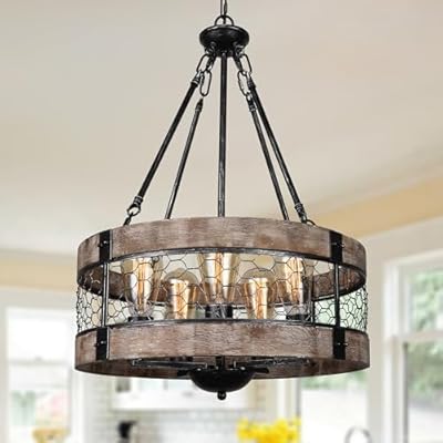 Sigaitwei Rustic Farmhouse Chandelier Wood Light Fixture, 5-Light Drum Chandelier for Dining Room Entryway Kitchen Island Foyer,Vintage Wood and Metal Finish,E26.