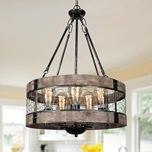 Rustic Farmhouse Chandelier Wood Light Fixture 5 Light Drum Chandelier for Dining Room Entryway Kitchen Island FoyerVintage Wood and Metal FinishE26