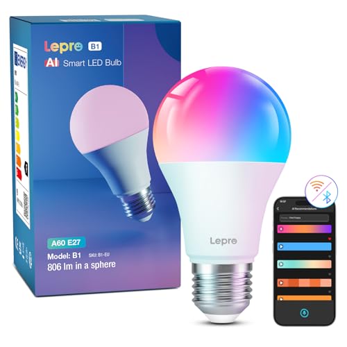 Lepro AI Smart Glühbirne B1, E27 Lampe 8.5W 806lm Dimmbar, Personalisierter KI-Lichtdesigner, Sprachsteuerung/Musik Sync, WiFi & Bluetooth Smart Bulb, Kompatibel mit Alexa/Google Assistant Lepro AI Smart Glühbirne B1, E27 Lampe 8.5W 806lm Dimmbar, Personalisierter KI-Lichtdesigner, Sprachsteuerung/Musik Sync, WiFi & Bluetooth Smart Bulb, Kompatibel mit Alexa/Google Assistant
