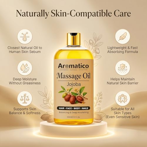 Image of AROMATICO Jojoba Massage Oil - Carrier Oil for Massage with Almond & Sesame for Full Body Hydration, Cold Pressed Skin Nourishment | 300ml