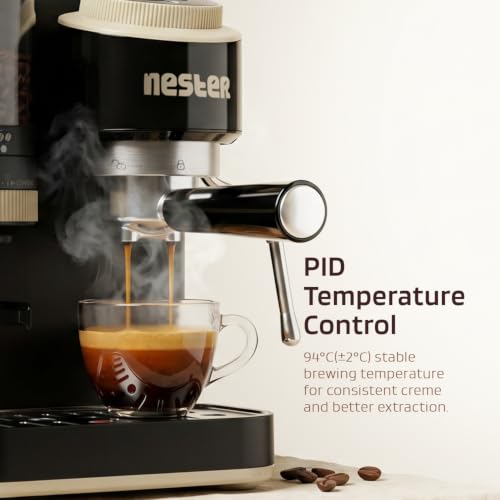 Image of NESTER Home Barista Coffee Machine - 20 Bar Italian Ulka Pressure Pump, Built-in Grinder, BrewCore Technology, PID Temperature Control, Espresso, Americano, Steam & Pod Compatible - Smoked Caramel