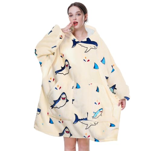 Aemicion Tragbare Decke, Kapuzenpullover, übergroße Sherpa-Fleece-Sweatshirt-Decke mit riesiger Kapuze und Ärmeln für Erwachsene, warme, gemütliche Hai-Decke, Geschenke für Damen und Herren