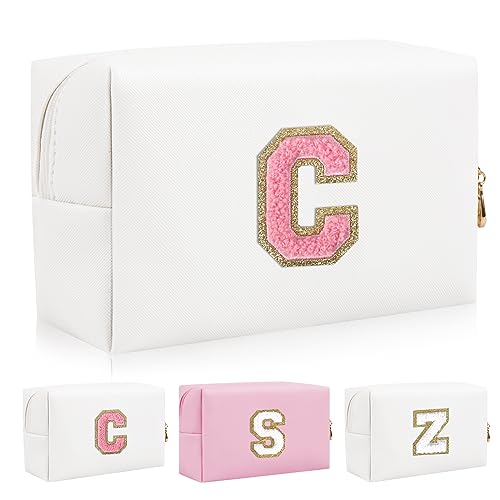 Personalized Initial Letter Patch Makeup Bag, Preppy Portable Chenille Letter Cosmetic Bag with Zipper, PU Leather Waterproof Travel Toiletry Bag Monogram Make Up Pouch for Women Girls(Letter C)