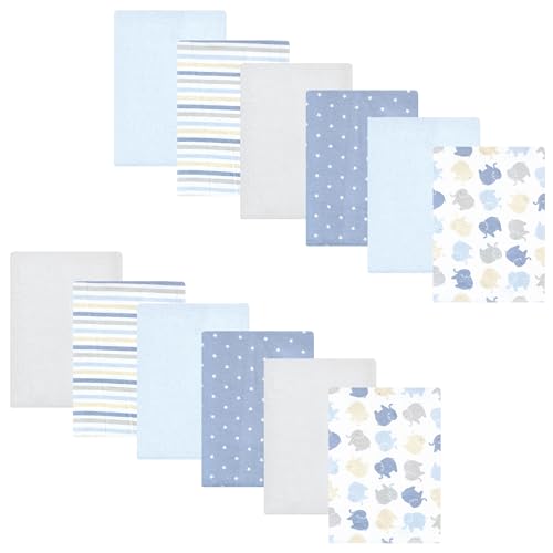 Image of Hudson Baby Unisex Baby Cotton Flannel Burp Cloths 12-Pack Bundle, Multi Color Boy Elephant, One Size