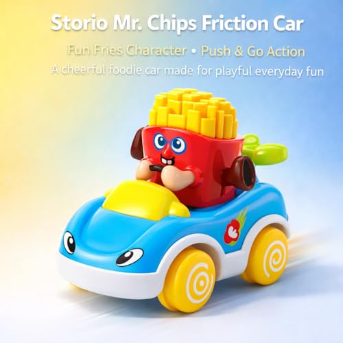 Image of Storio Foodie Toy Car - Mr Chips | Friction Powered Vehicle for 1-3 Year Old Boys & Girls | Push & Go Baby Car Toy | Cartoon Car for Toddlers 12-18 Months | Safe Durable Educational Toy for Kids
