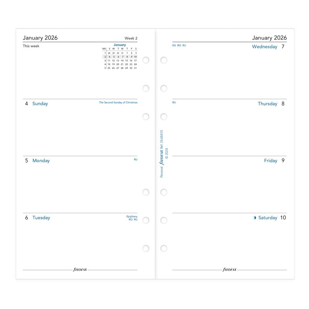 Filofax Week on Two Pages 2026 Personal Sunday Start Diary Refill, English, 3.74"x6.73"
