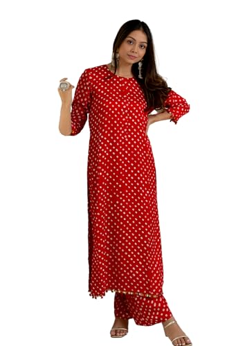 Image of LookMark Women Cotton Blend Bandhej Printed Bandhani Kurta Palazzo Set With Sequence Lace