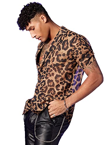 OYOANGLE Men's Paisley Graphic Sheer Mesh Short Sleeve Round Neck Blouse Top