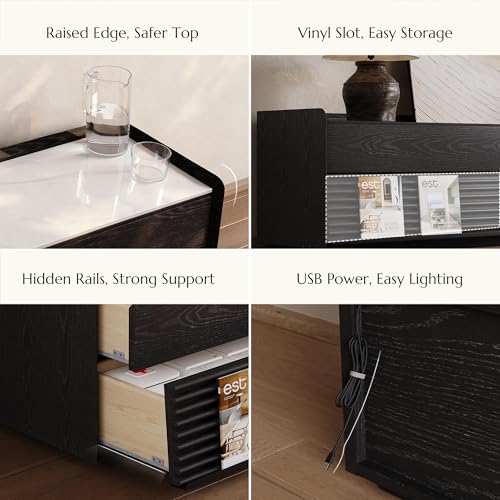 Image of POVISON Fully-Assembled Mid Century Glossy Sintered Stone TV Stand, 94.49 inch Wood Media Console with Adjustable LED Light, Entertainment Center with Storage for Living Room