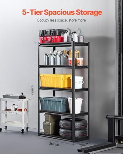 Image of VEVOR Storage Shelves, 2000 lbs, 5 Tier Garage Storage Shelving, 18 inch D x 36 inch W x 72 inch H Adjustable Metal Shelves for Garage Shelves Utility Rack Shelf, Ideal for Kitchen, Warehouse, Basement, Black