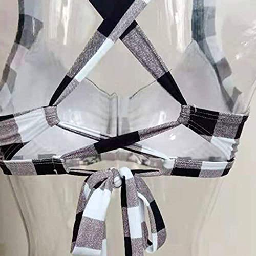 Balasami Women's Retro Button Down Gingham Printed Ajustable Straps Cross Back Vintage Swimsuit Top Black And White #TOP5