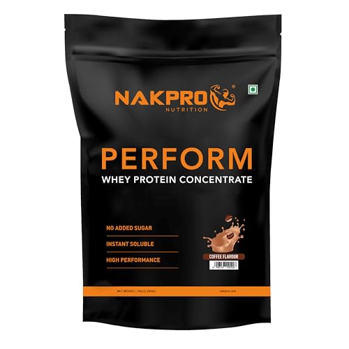 NAKPRO PERFORM Whey Protein Concentrate | 23.1g Protein, 5.7g BCAA | Added Digestive Enzymes | Easy Mixing, Easy Digesting, Fast Absorbing Whey Protein Powder for Men & Women | 1 Kg Coffee Flavour (30 Servings)