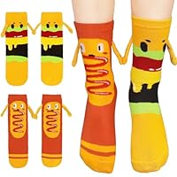 IncreDecor 2 Pairs Food Holding Hands Socks Novelty Magnetic Buger and Hot Dog Theme Sock Crazy Silly Christmas Gifts for Women (Orange and Yellow - 2 Pairs)