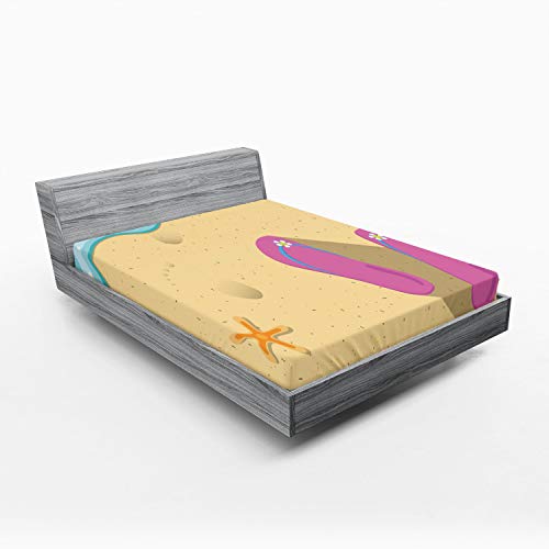 Ambesonne Flip Flop Fitted Sheet, Pinky Beach Thong and Starfish on Grainy Looking Sands by The Waves, Bed Cover with All-Round Elastic Deep Pocket for Comfort, King Size, Seafoam Pink