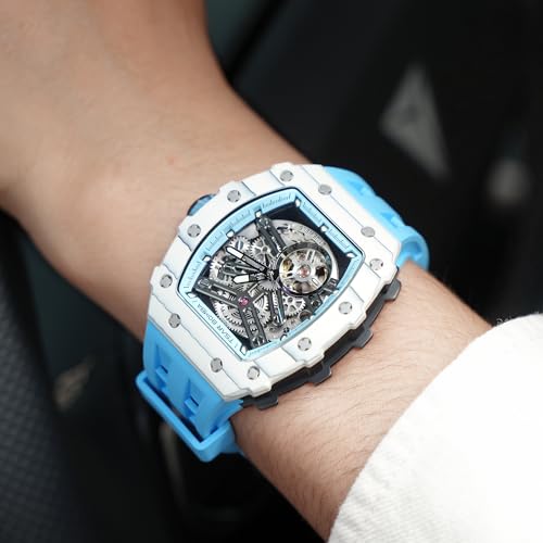 Image of TSAR BOMBA Men's Automatic Watch Tonneau Luxury Skeleton Watches for Men Mechanical 50M Waterproof Analogue Watches Mens Unique Cool Square Big Face Dial Wristwatch with Silicone Strap Band