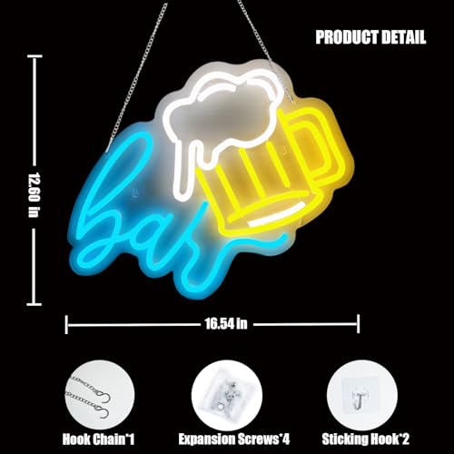 Image of Beer Bar Neon Sign, LED beer Light Up Bar Sign for Home party& pub Bar Decor, 5-Level Dimmable Funny Bar Signs for Man Cave, Business Neon Open Signs for Bars & Wall(14.8 inch*12.2 inch)