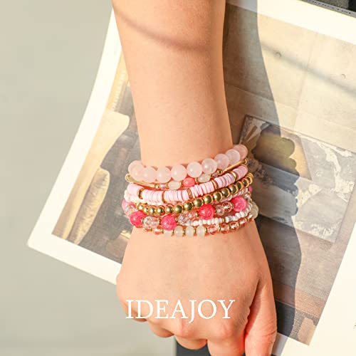 Pink Bracelets Bohemian Multi-Layer Beaded Stacking,8 Pcs Versatile Strand Stretch Sparkly Crystal Beads Wrap Slip-on Cuff Bangle Set 5