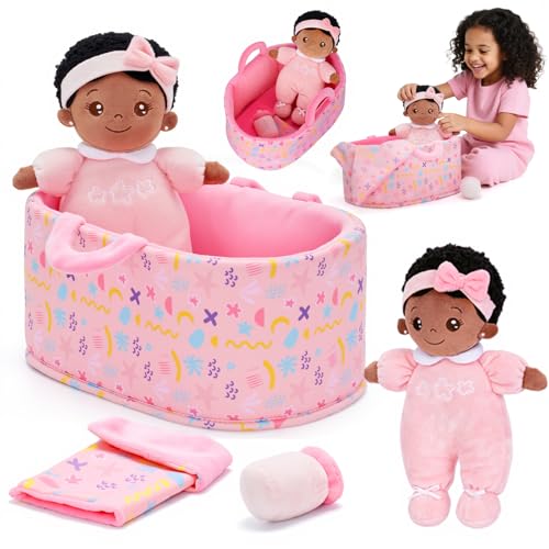 Image of OUOZZZ Baby Doll Accessories with Black Doll, Bassinet, Blanket and Bottle | Interactive Pretend Playset for Social Emotional Learning, Educational Toy for 2 Year Old Girls